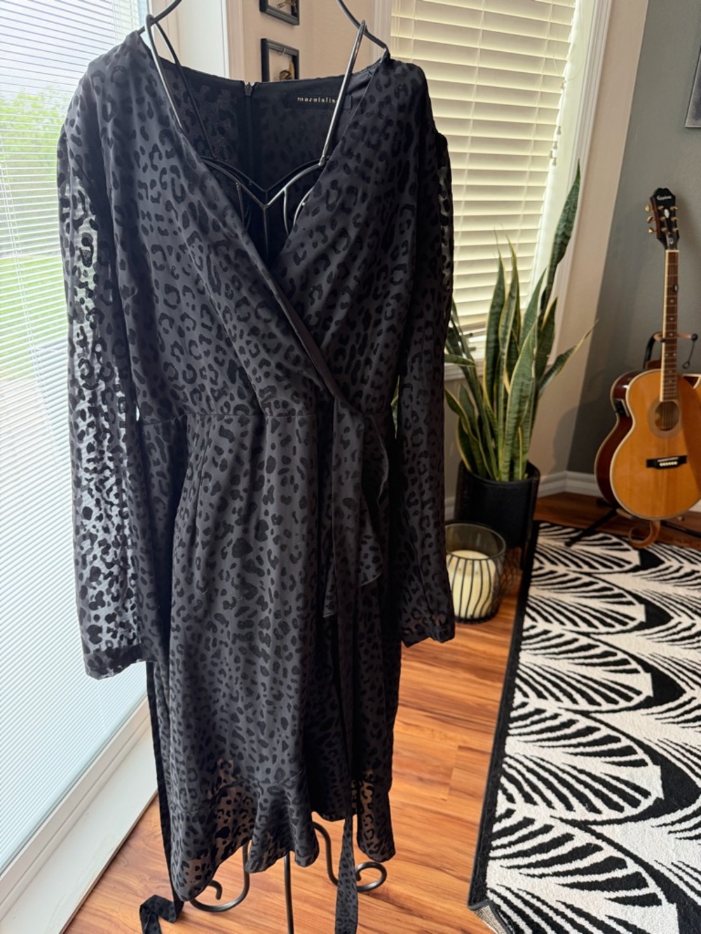 Long Sleeve Black Leopard Wrap Dress